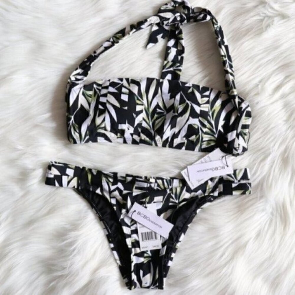 NWT BCBGeneration Palm Printed Bikini Set Size Small Black White Bathing Suit